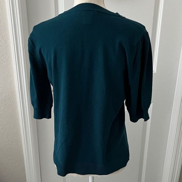 H Halston Heritage Deep Teal Knit with Embellished Neckline Short Sleeve NWOT - Picture 7 of 11